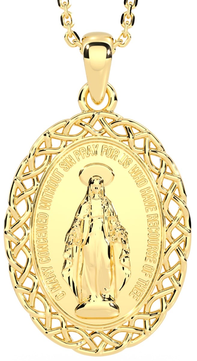 14K Gold Silver Celtic "Miraculous Mary Medal" Pendant Necklace