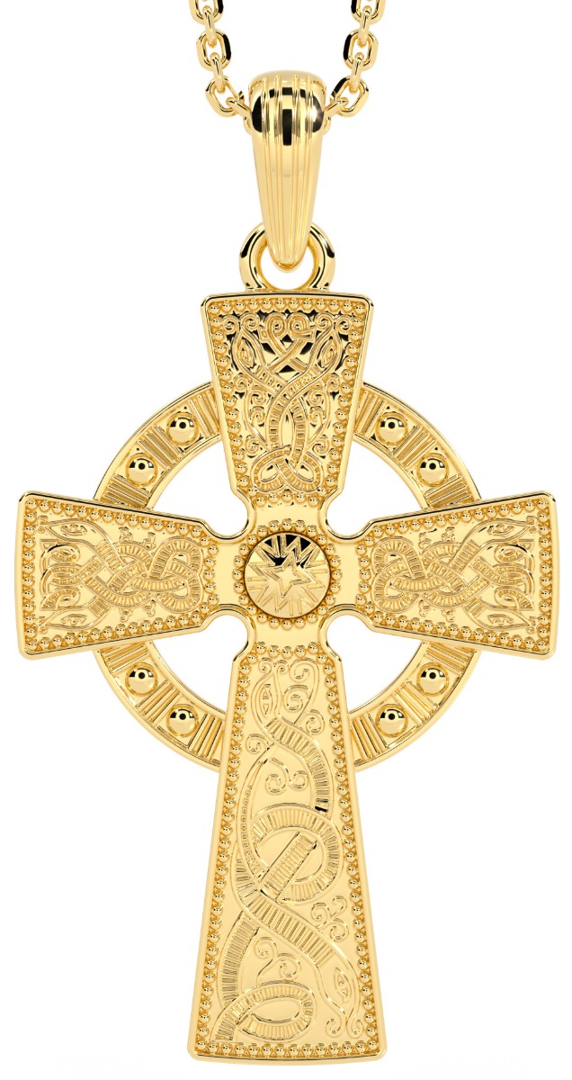 Yellow Gold Warrior Celtic Cross Pendant Necklace