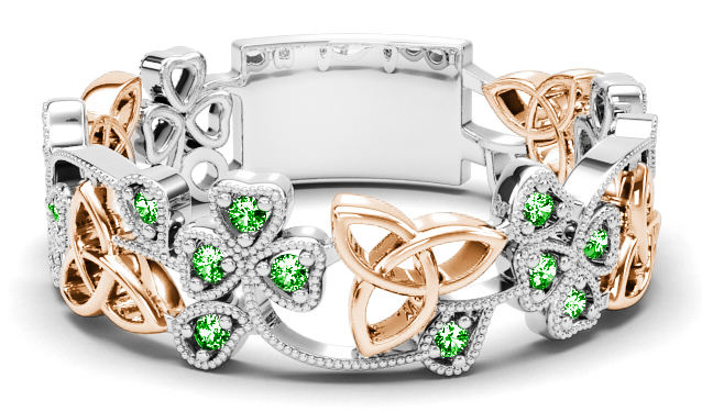 White & Rose Gold Emerald .13cts Shamrock Celtic Knot Band Ring Unisex Mens Ladies