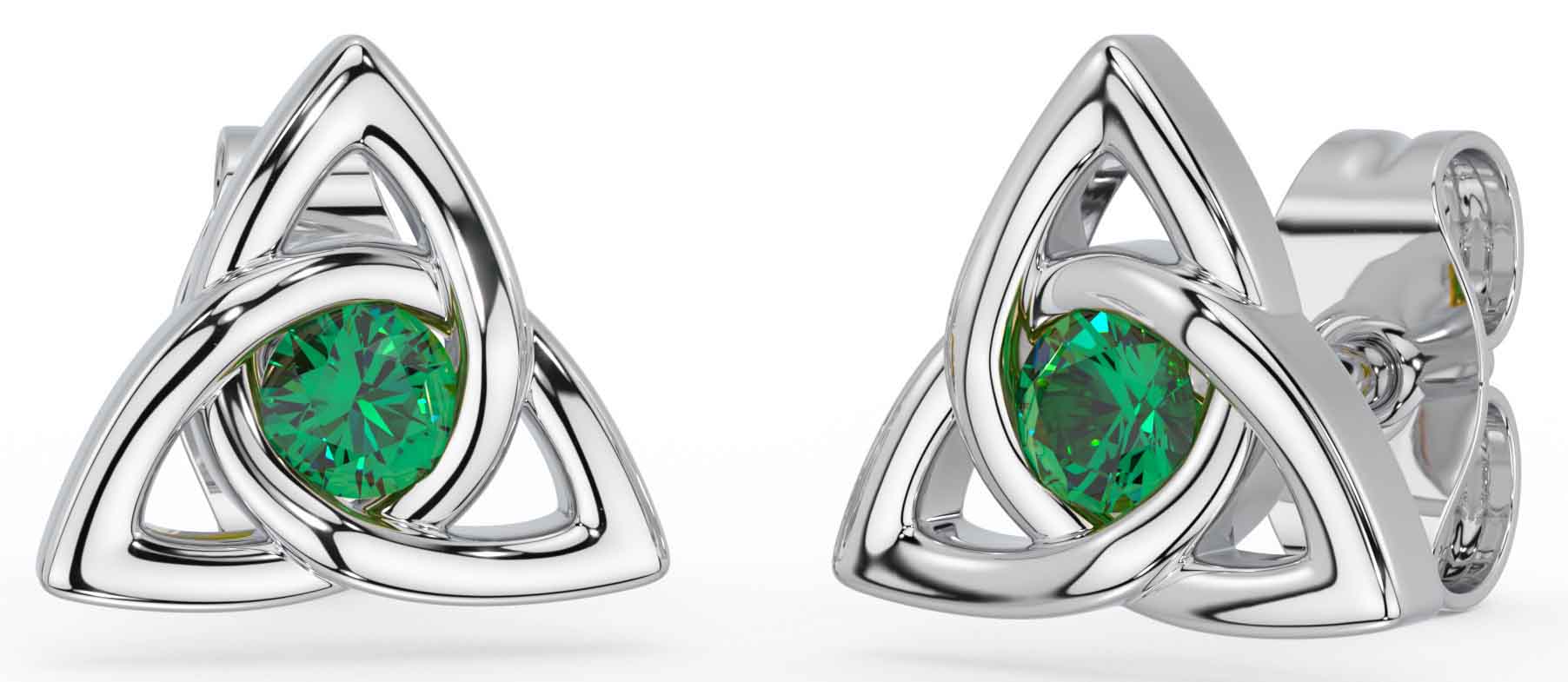 Emerald White Gold Irish Celtic Trinity Knot Stud Earrings Irish Made