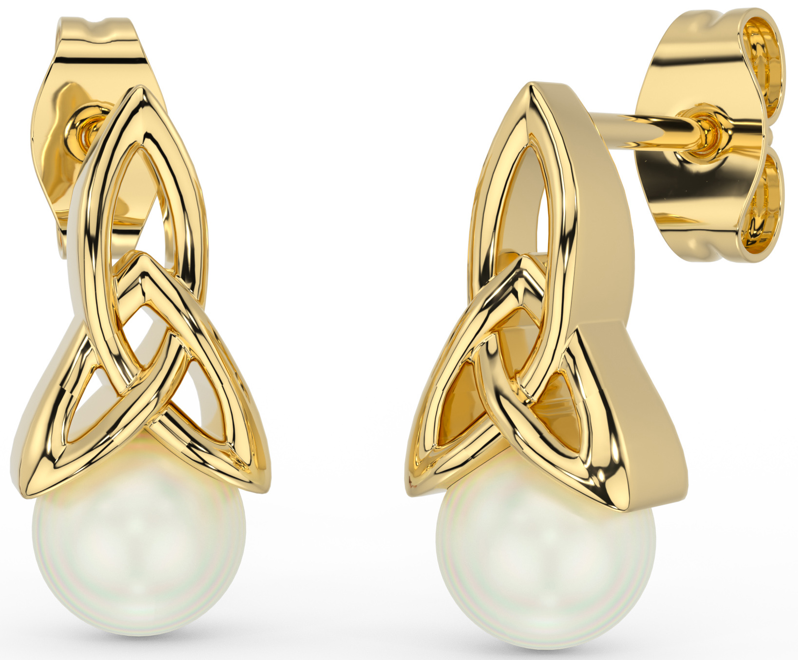 Gold Sterling Silver Irish Celtic Trinity Knot Pearl Dangle Earrings Irish Made