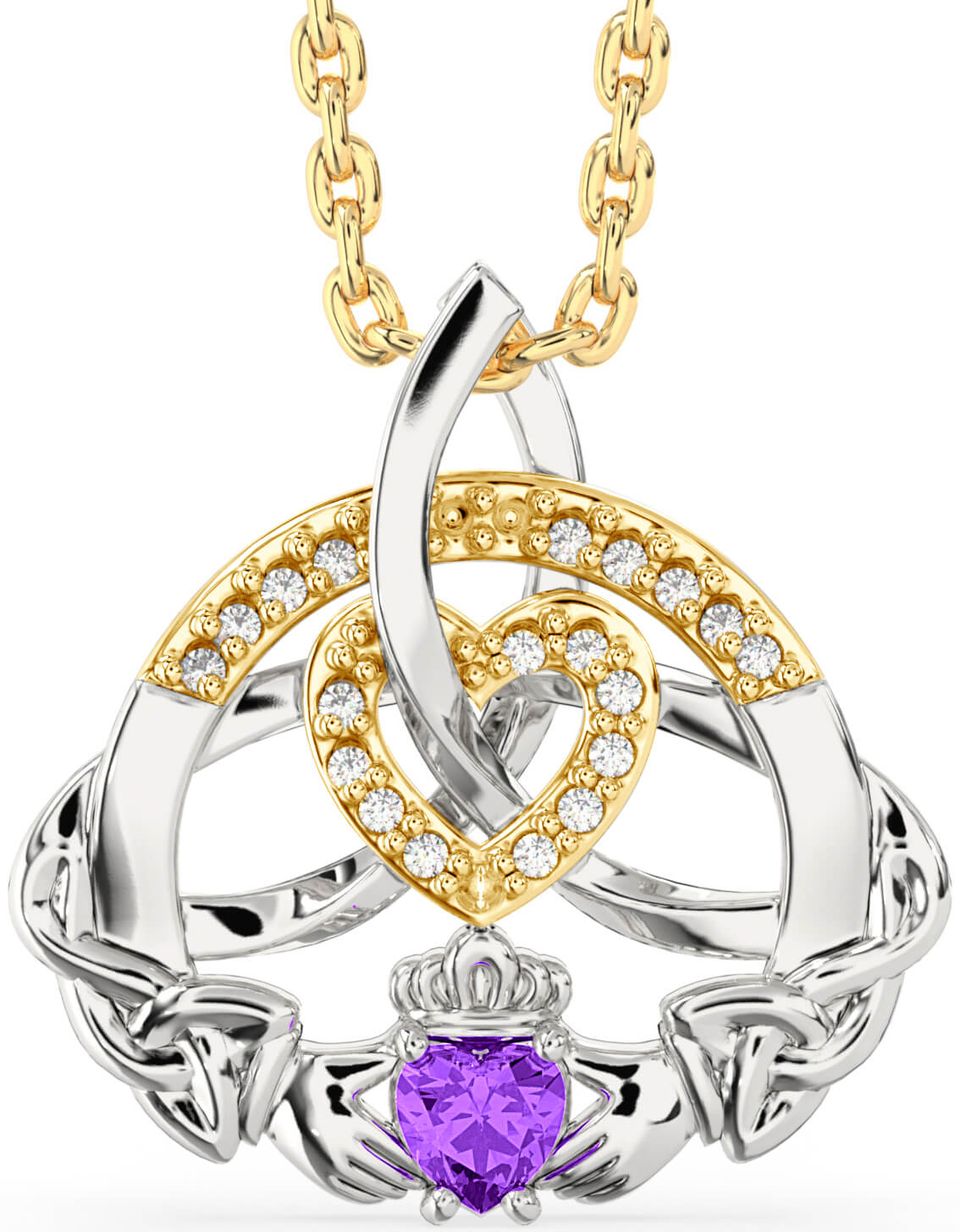 Diamond Amethyst White Yellow Gold Irish Claddagh Celtic Trinity Knot Heart Necklace Engravable Irish Made