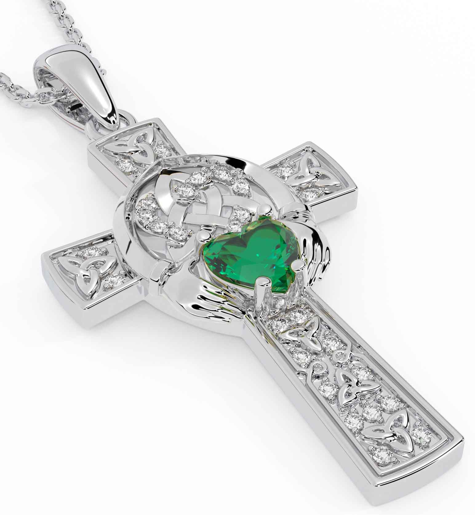 Diamond Emerald Sterling Silver Irish Claddagh Trinity Knot Celtic Cross Necklace Engravable Irish Made