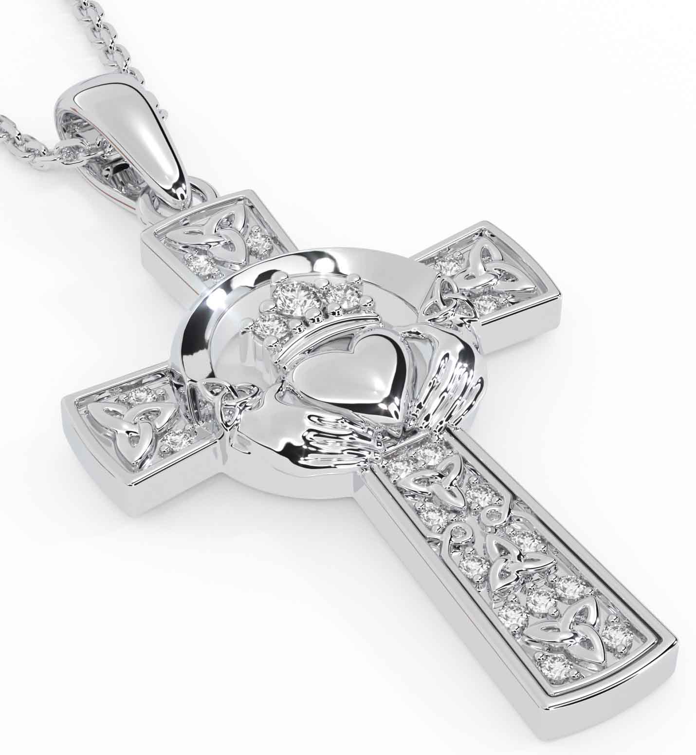 Diamond Sterling Silver Irish Claddagh Trinity Knot Celtic Cross Necklace Engravable Irish Made