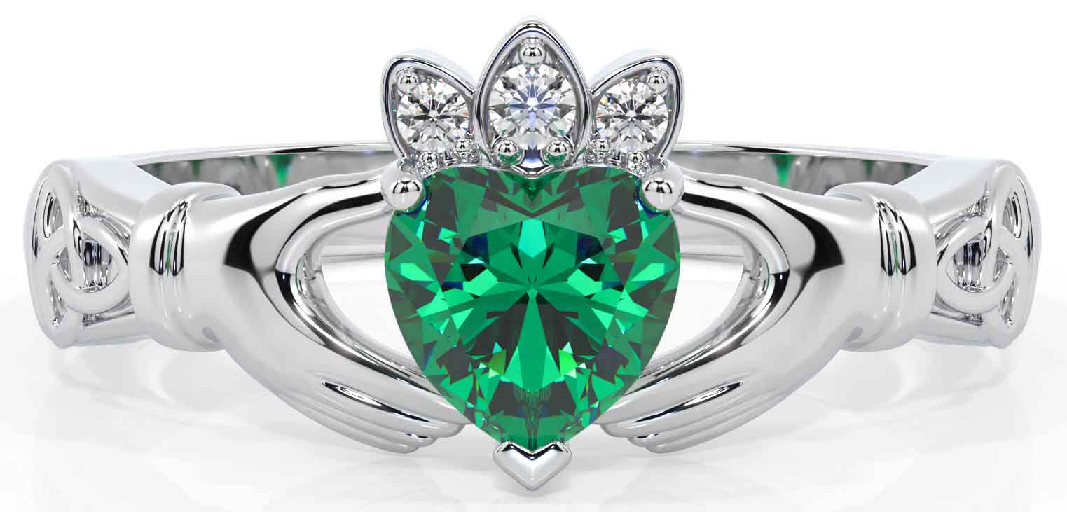 Diamond Emerald White Gold Irish Claddagh Ring Engravable Irish Made