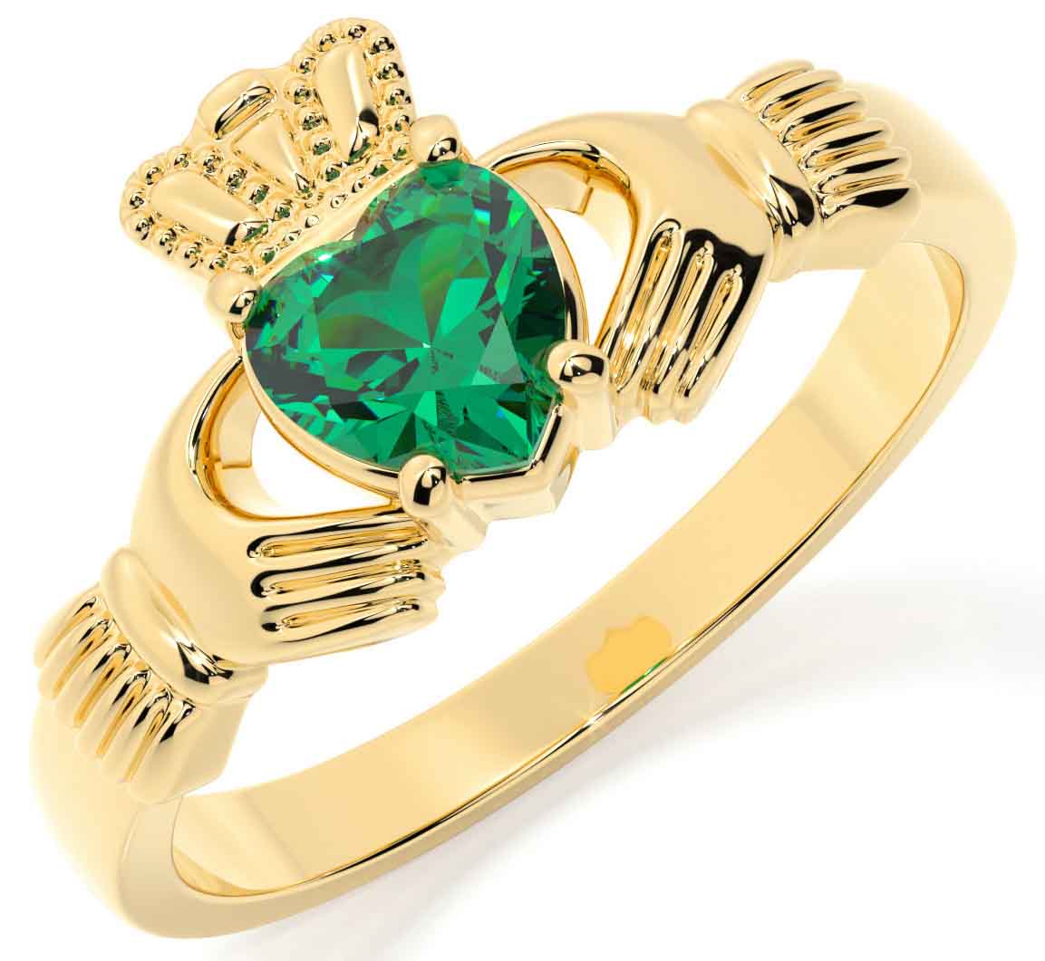 Emerald Gold Sterling Silver Irish Claddagh Ring Engravable Irish Made