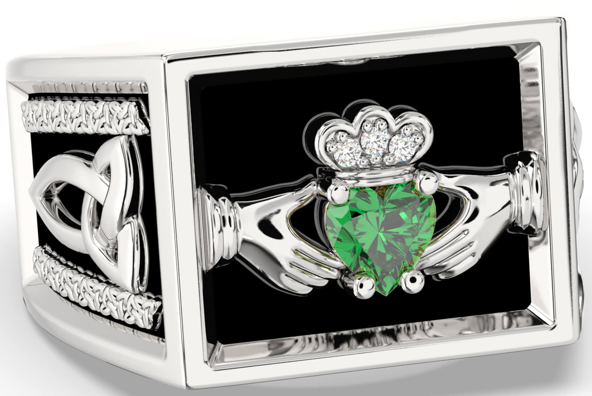Diamond Emerald Sterling Silver Black Rhodium Irish Celtic Claddagh Trinity Knot Signet Ring Engravable Irish Made Mens Ladies Unisex