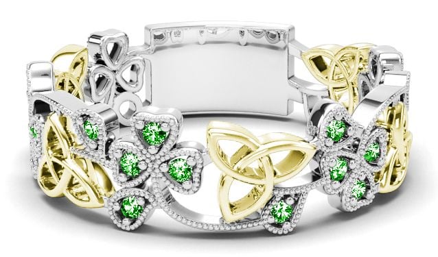 White Yellow Gold Emerald .13cts Shamrock Celtic Knot Band Ring Unisex Mens Ladies