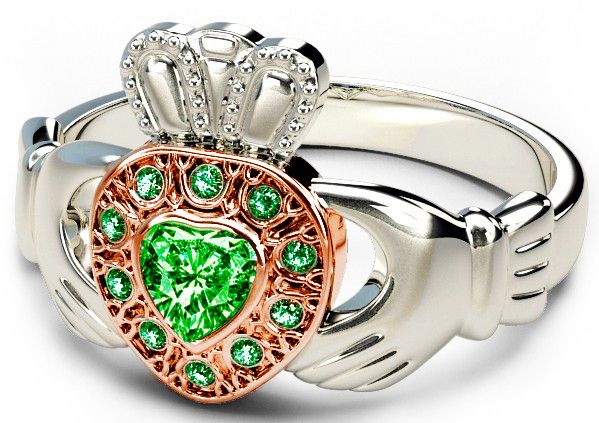 Two Tone White and Rose Gold Emerald Claddagh Ring