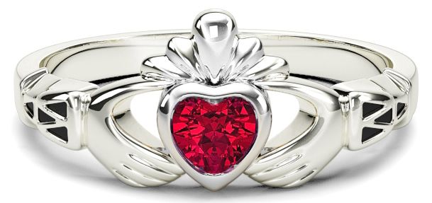 White Gold Red Garnet Claddagh Celtic Knot Ring January Birthstone