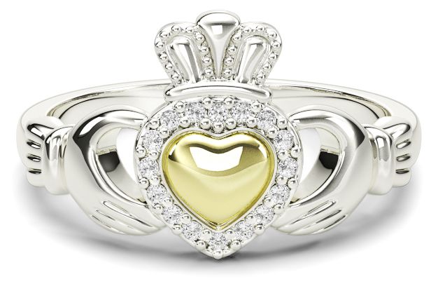 14K Yellow or White Gold Diamond Heart Claddagh Ring