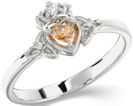 Diamond Citrine White Gold Claddagh Celtic Trinity Knot Ring