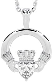 White Gold Diamond Irish Claddagh Necklace