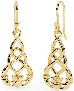 14K Yellow Gold Solid Silver Celtic Claddagh Dangle Earrings
