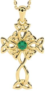 Yellow Gold Genuine Emerald .03cts Irish Celtic Cross Pendant Necklace