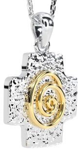 14K Two Tone Gold Solid Silver Irish "Celtic Cross" Pendant