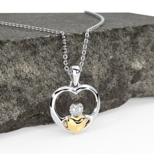14K Two Tone Gold Solid Silver Claddagh Heart Pendant Necklace