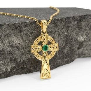 14K Gold coated Silver Emerald Irish Celtic Cross Pendant Necklace