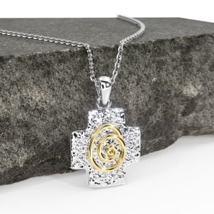 14K Two Tone Gold Solid Silver Irish Celtic Cross Pendant Necklace