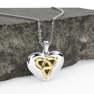 14K Two Tone Gold Solid Silver Irish Celtic Knot Heart Pendant Necklace