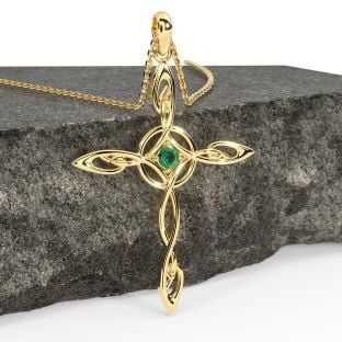 14K Gold Solid Silver Emerald Irish Celtic Cross Pendant Necklace
