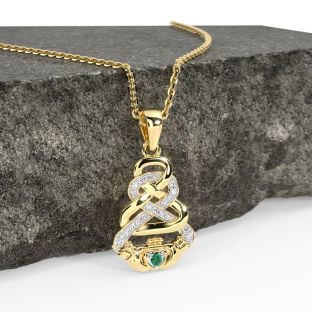 White & Yellow Gold Genuine Diamond .015cts Genuine Emerald .02cts Irish Claddagh Celtic Pendant Necklace