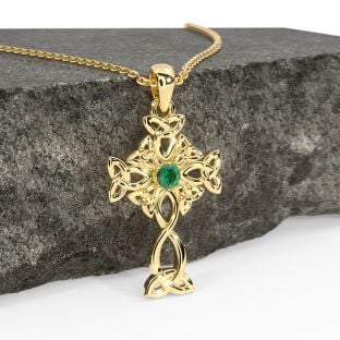 Yellow Gold Genuine Emerald .03cts Irish Celtic Cross Pendant Necklace