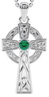 White Gold Genuine Emerald .10cts "Celtic Cross"  Pendant Necklace