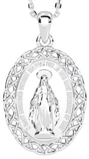 White Gold Celtic "Miraculous Mary Medal" Pendant Necklace