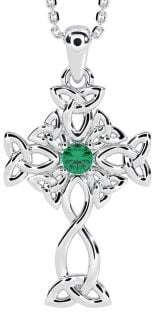 14K White Gold Genuine Emerald Irish "Celtic Cross" Pendant Necklace