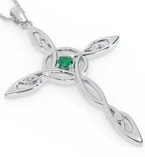 14K White Gold Solid Silver Emerald Irish "Celtic Cross" Pendant 