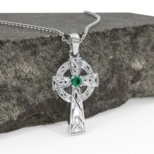 White Gold Genuine Emerald .10cts Celtic Cross  Pendant Necklace