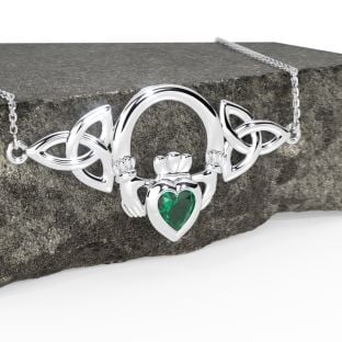 Silver Emerald Irish Claddagh Celtic Pendant Necklace