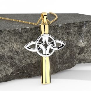 14K Two Tone Gold Solid Silver Irish Celtic Cross Pendant Necklace