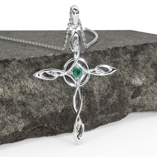 Emerald Silver Celtic Cross Pendant Necklace