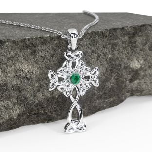 Silver Genuine Emerald .1cts Irish Celtic Cross Pendant  Necklace