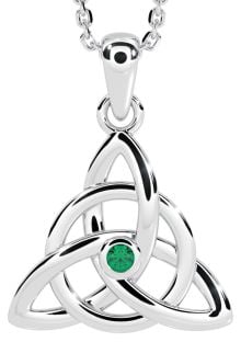 14K White Gold Solid Silver Genuine Emerald .03ct Irish Celtic Knot Pendant Necklace