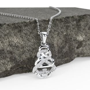 White Gold Genuine Diamond .03cts Irish Claddagh Celtic Pendant Necklace