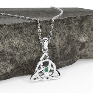 14K White Gold Solid Silver Genuine Emerald .03ct Irish Celtic Knot Pendant Necklace