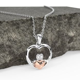 14K tweekleurige roségouden massief zilveren Claddagh hart hanger ketting