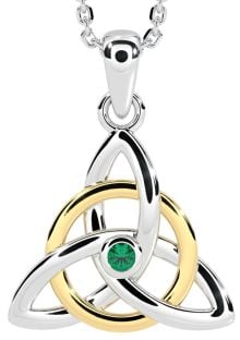 14K Two Tone Gold Solid Silver Genuine Emerald .03ct Irish "Celtic Knot" Pendant Necklace
