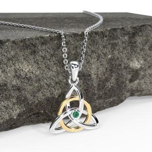 14K Two Tone Gold Solid Silver Genuine Emerald .03ct Irish Celtic Knot Pendant Necklace