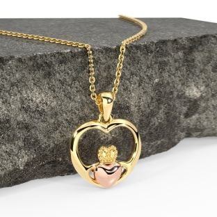 14K Two Tone Yellow & Rose Gold Solid Silver Claddagh Heart Pendant Necklace