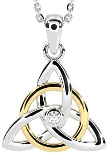 14K White & Yellow Gold coated Silver Diamond .03cts Irish Celtic Knot Pendant Necklace