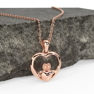 14K Rose Gold Solid Silver Claddagh Heart Pendant Necklace