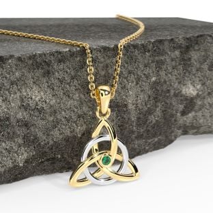 14K Yellow & White Gold coated Solid Silver Genuine Emerald .03ct Irish Celtic Knot Pendant Necklace