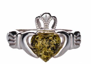 Ladies Irish Green Amber Silver Claddagh Ring