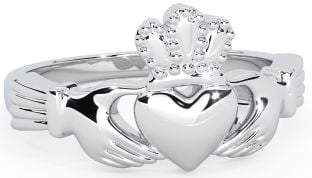 Mens 14K White Gold Silver Claddagh Ring