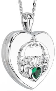 Silberne Smaragd-Claddagh-Herz-Medaillon-Anhänger-Halskette