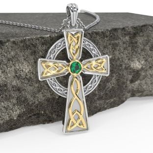 Emerald 14K Two Tone Gold Silver Celtic Cross Pendant Necklace